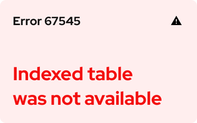 An image of error 67545 text in the top left with indexed table was not available in the bottom left.